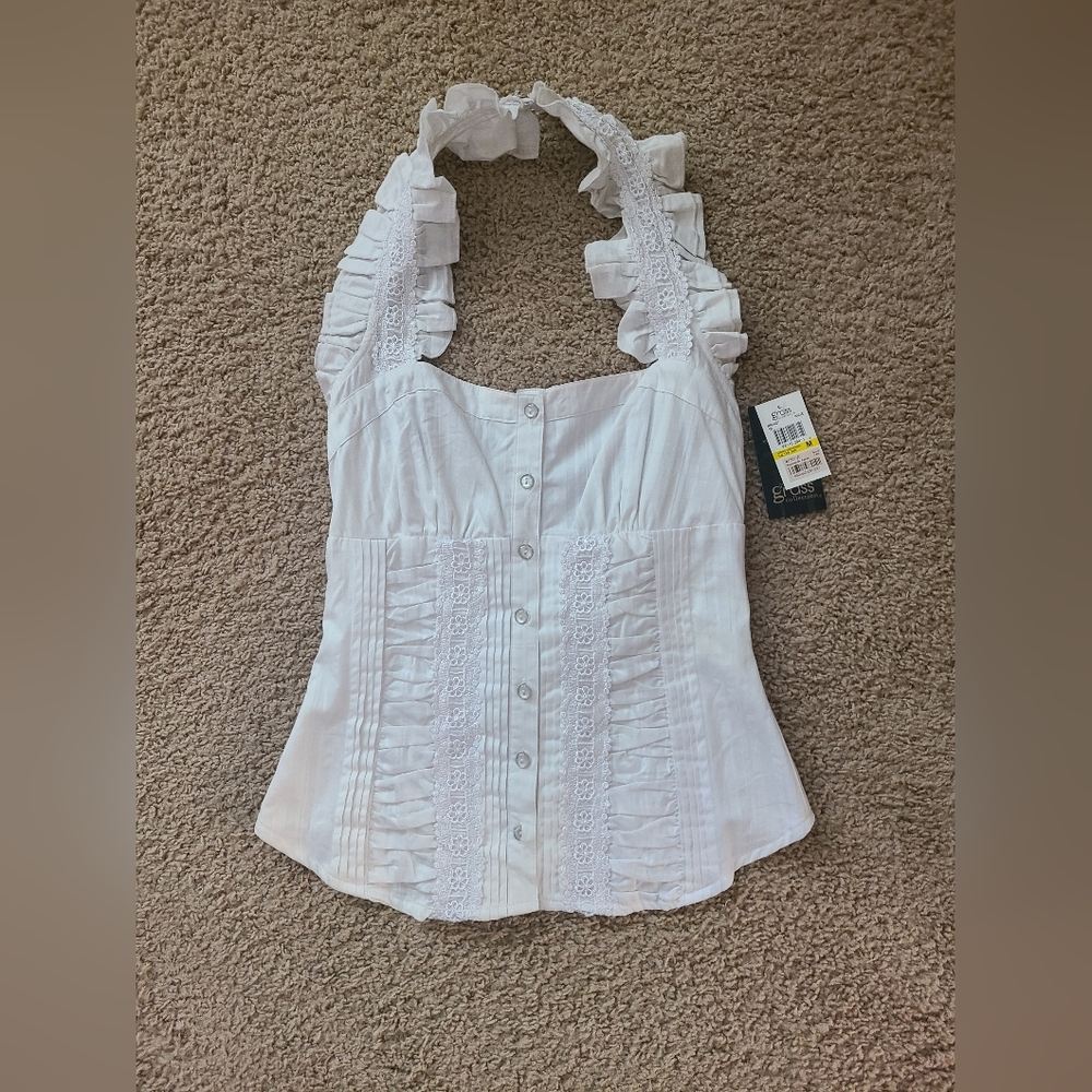 Grass Collection White Lace Ruffle Halter Blouse